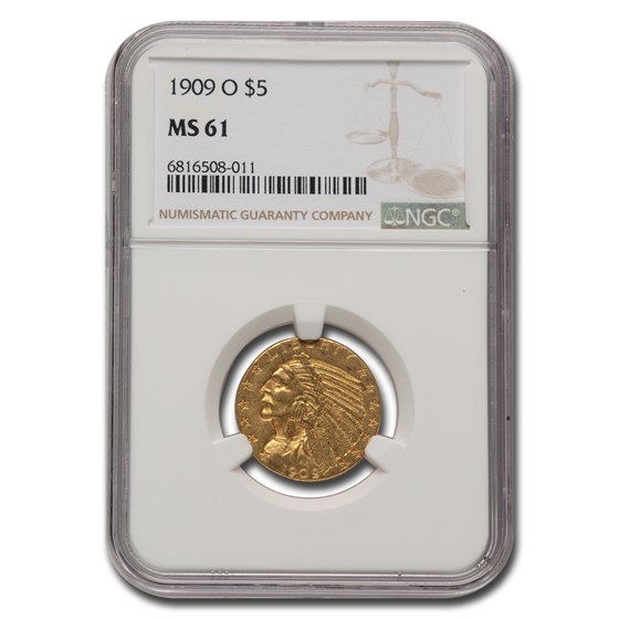 1909-O $5 Indian Gold Half Eagle MS-61 NGC 1909-O $5 Indian Gold Half Eagle MS-61 NGC